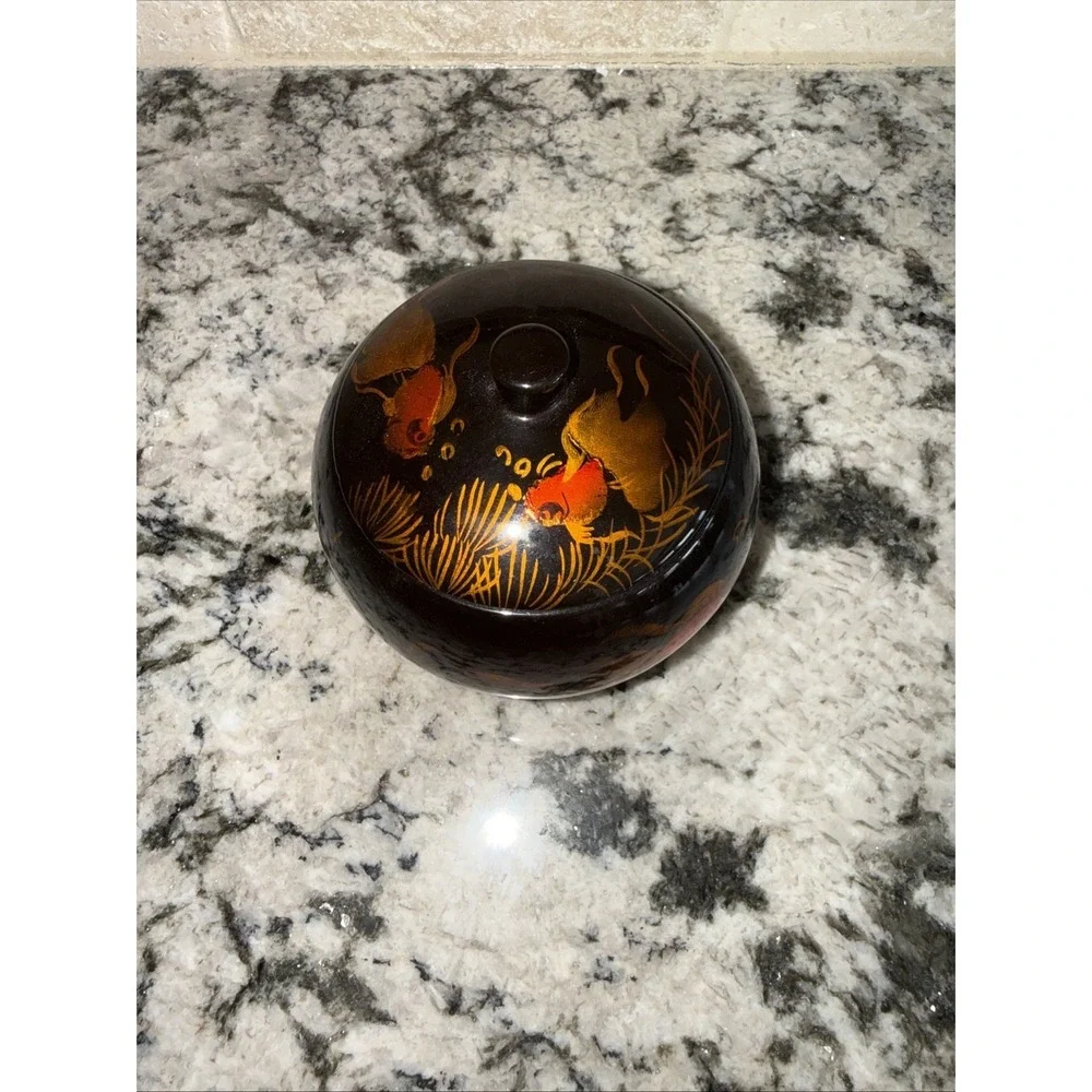 Vtg Asian lacquerware trinket box, hand-painted goldfish in gold,orange on black